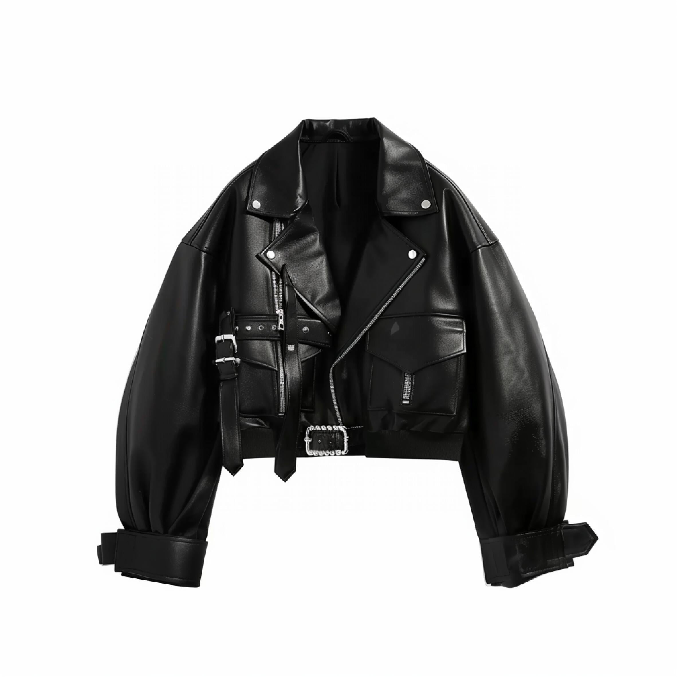 Oversized Black Faux Leather Biker Jacket with Belted Waist & Buckle Details