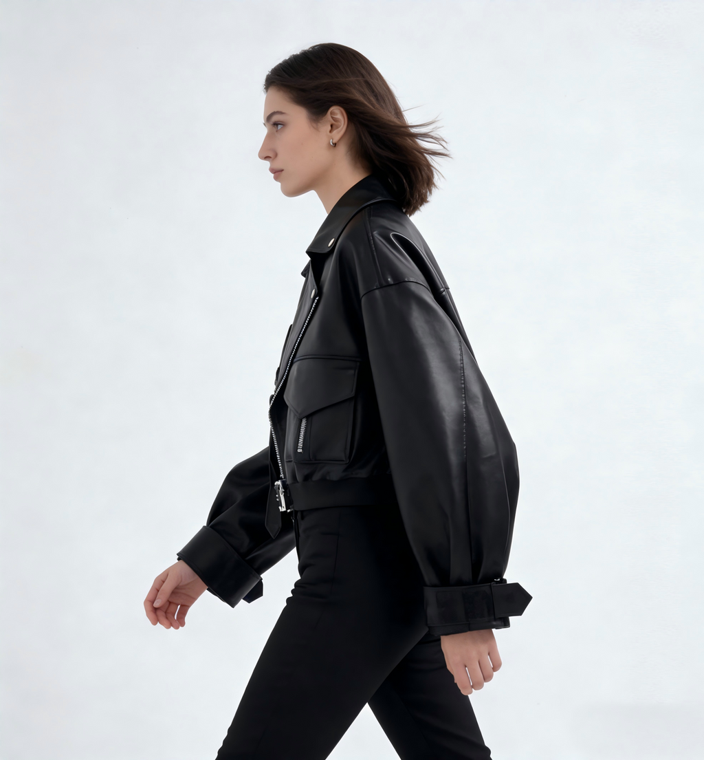 Oversized Black Faux Leather Biker Jacket with Belted Waist & Buckle Details