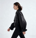 Oversized Black Faux Leather Biker Jacket with Belted Waist & Buckle Details