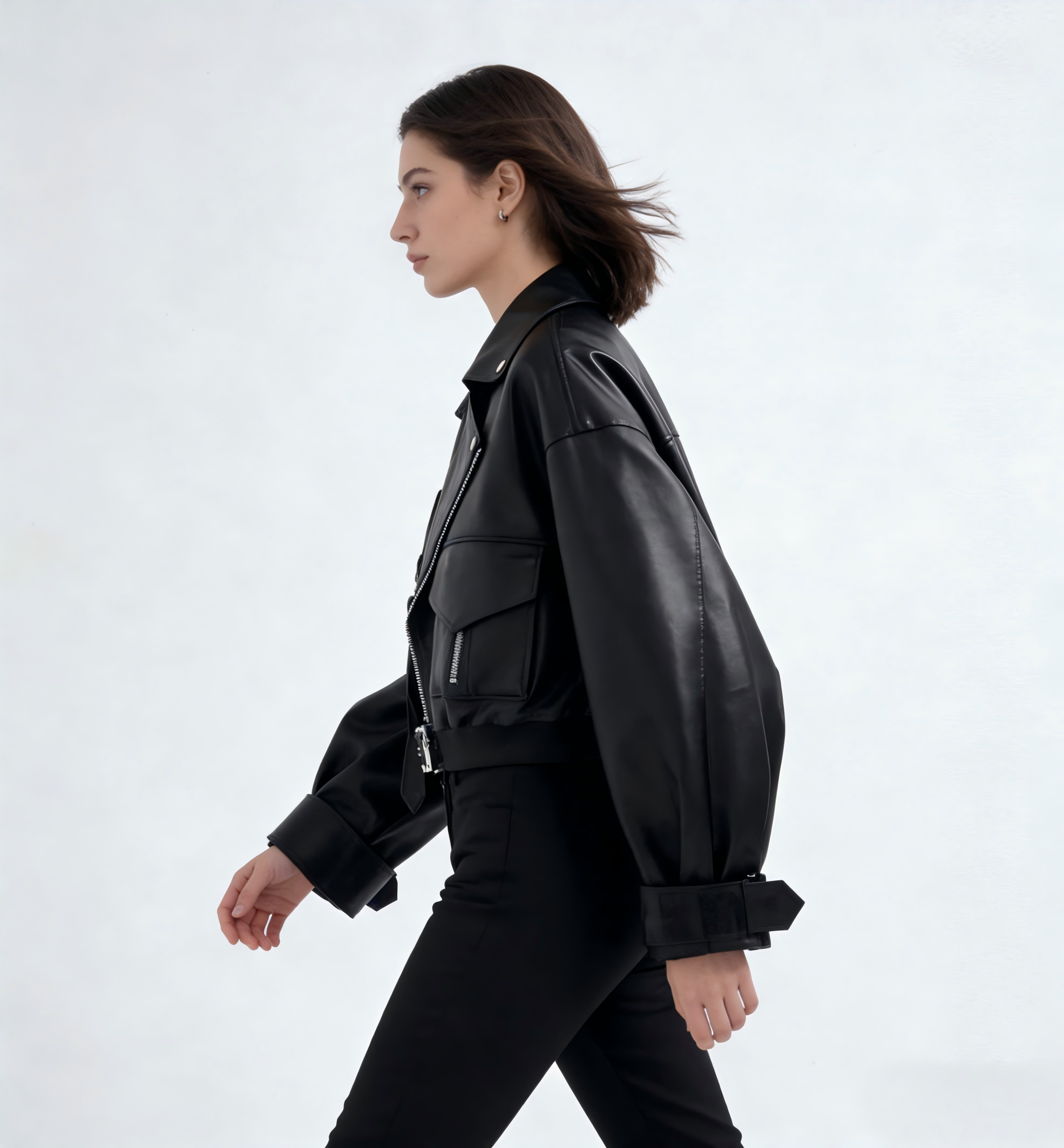 Oversized Black Faux Leather Biker Jacket with Belted Waist & Buckle Details