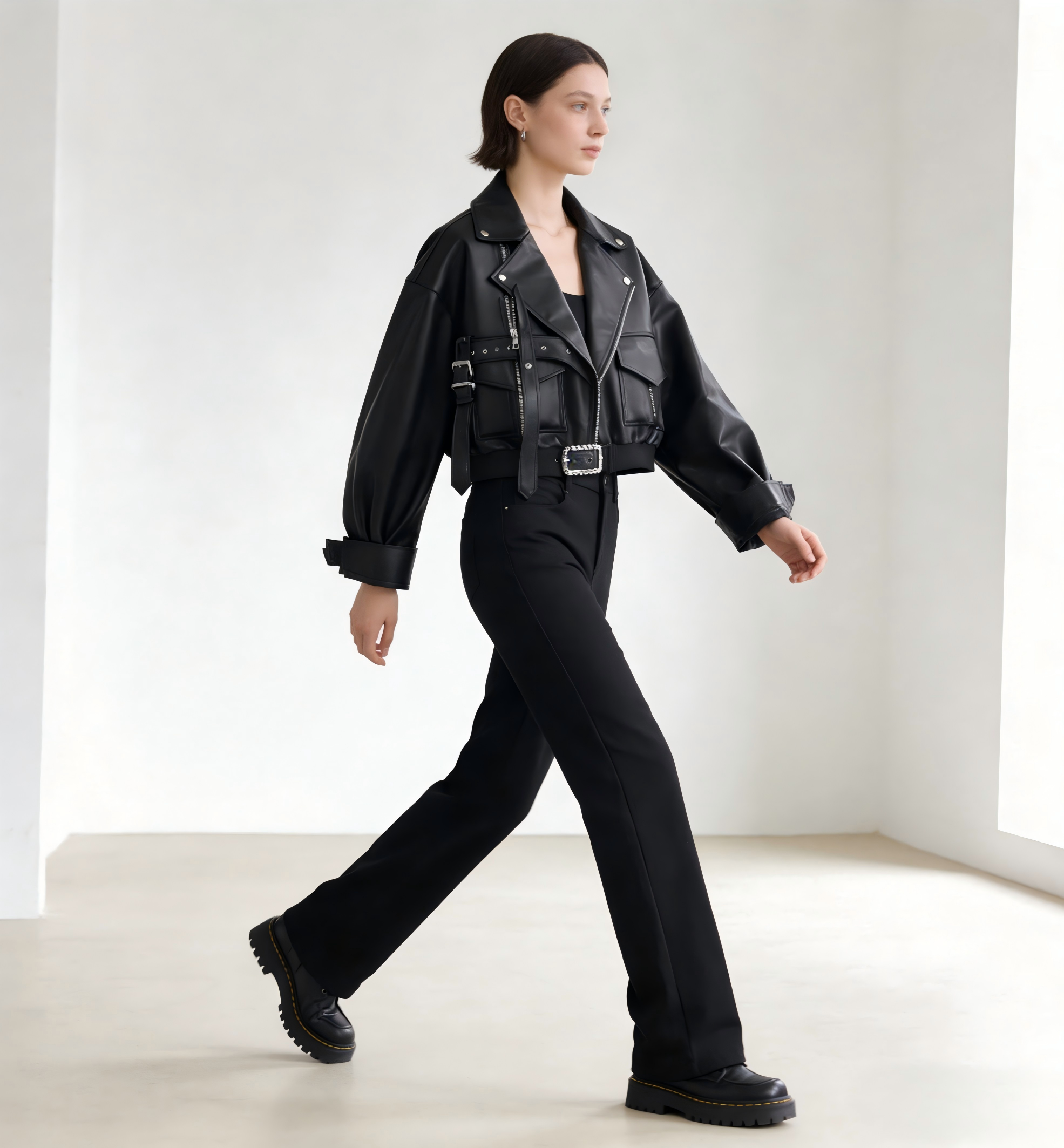 Oversized Black Faux Leather Biker Jacket with Belted Waist & Buckle Details