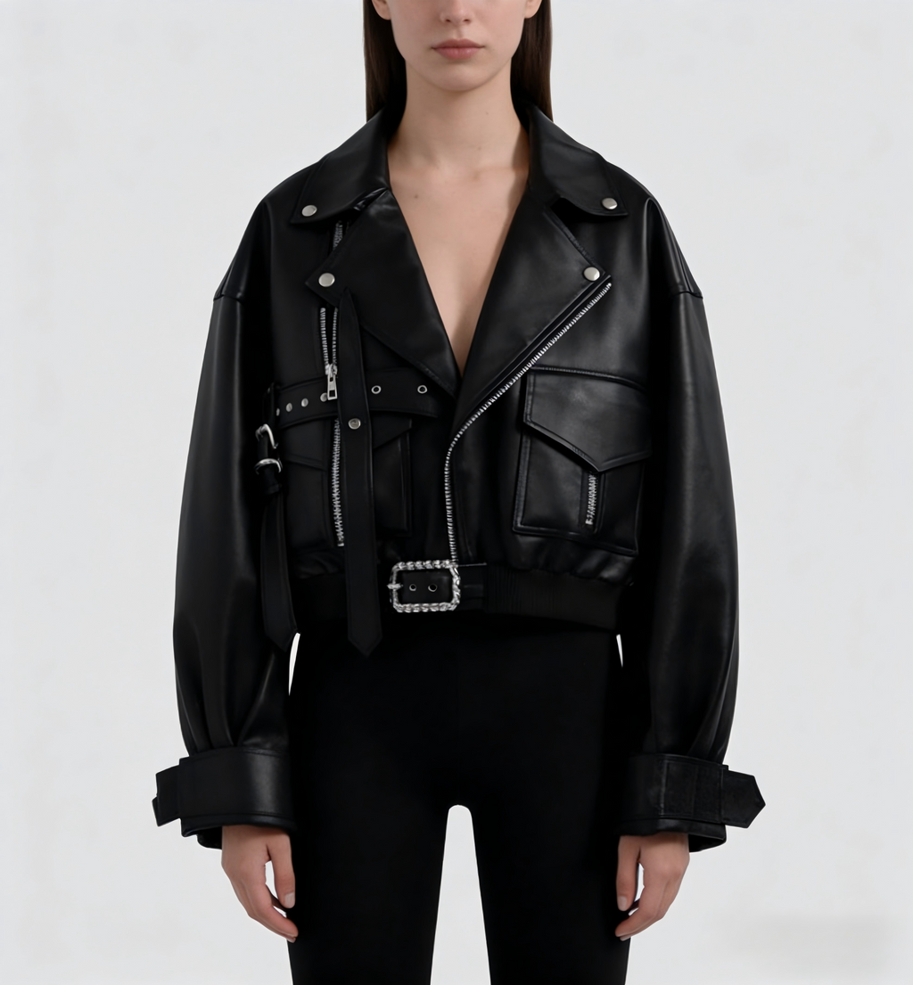 Oversized Black Faux Leather Biker Jacket with Belted Waist & Buckle Details