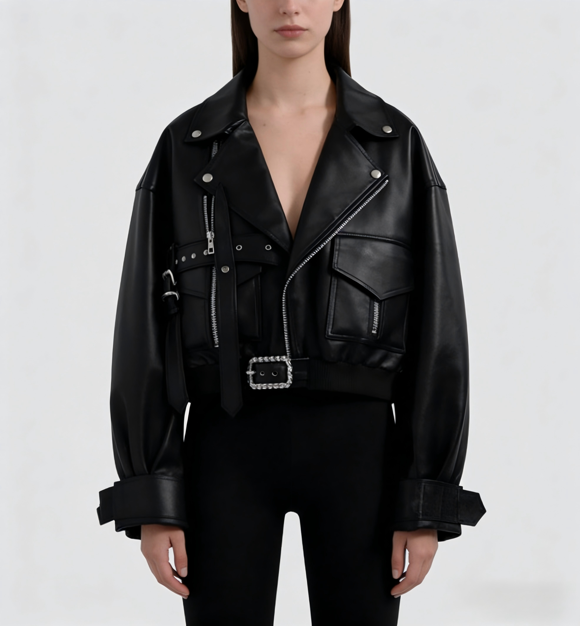 Oversized Black Faux Leather Biker Jacket with Belted Waist & Buckle Details